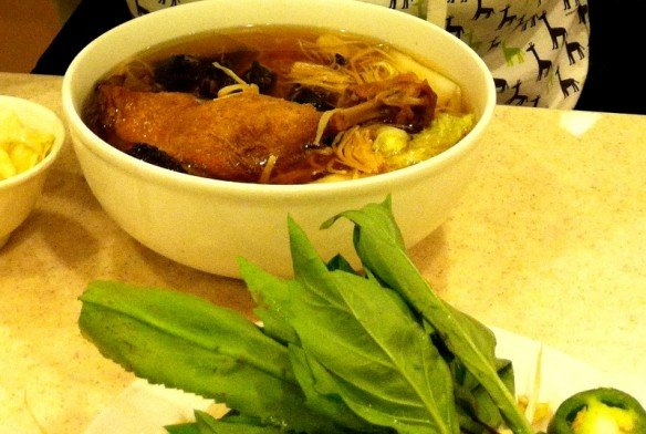 marinated herbs duck egg noodle soup